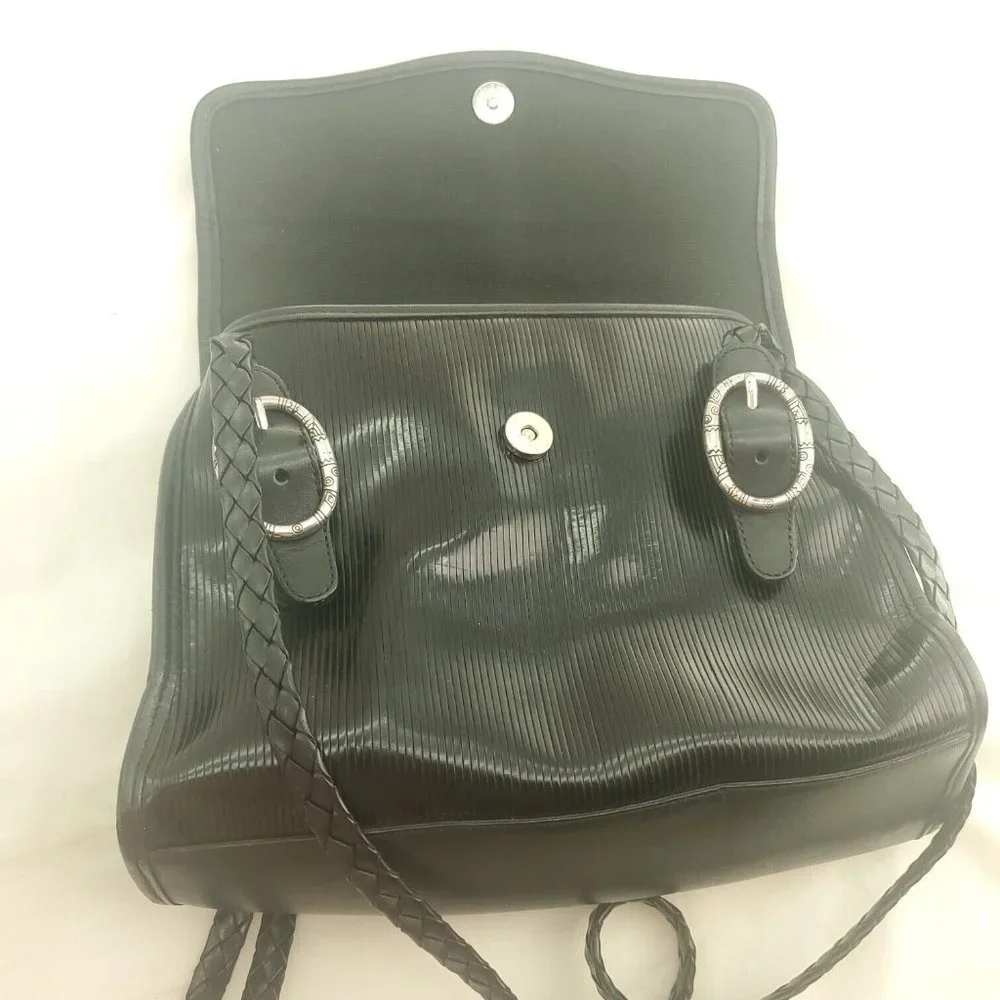 Brighton Womens Black Striped Leather Flap Front Braided Straps Satchel Bag